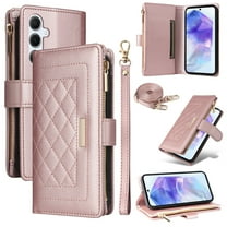 for Samsung Galaxy A16 5G Wallet Case with Card Holder/Zipper Wallet Slot/Crossbody Strap Hand Lanyard,[RFID Blocking][Magnetic Closure] PU Leather Shockproof Flip Kickstand Phone Cover,Rosegold