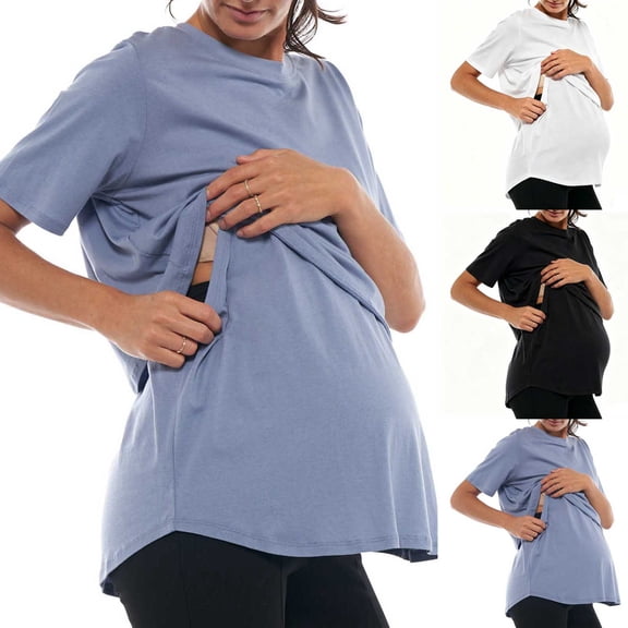 Frostluinai Women's Oversize Nursing Breastfeeding Shirts Hidden Slit Double Layer Maternity Shirt Short Sleeve Loose Fit Maternity Tops