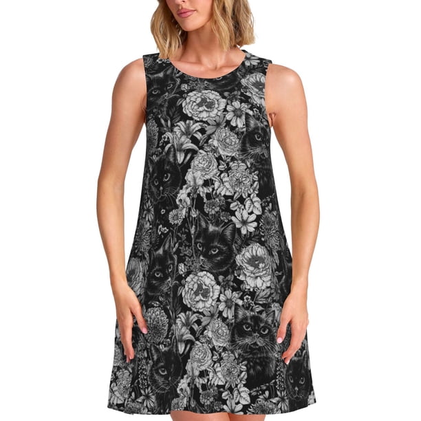 Fotbe Black Cats In A Garden Vestido de Verano sin Mangas para Mujer – Vestido Midi Línea A, Estilo Camiseta Floral, Vestido Playero Casual y Fluido