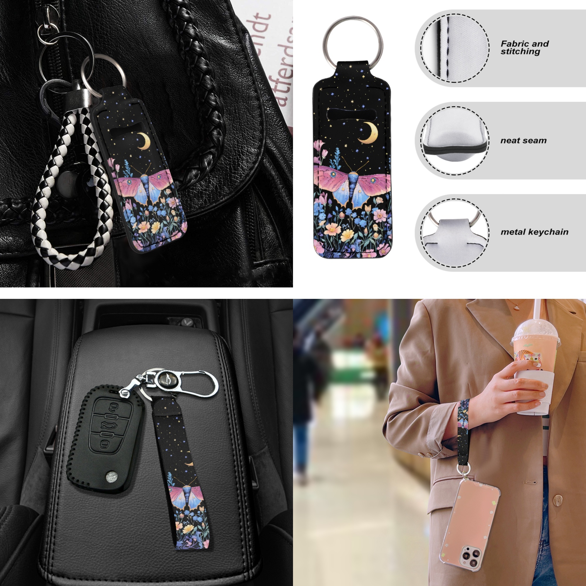 Jeiento Butterfly Car Seat Covers with Floor Mats Steering Wheel Cover Armrest Pad Seat Belt Cover Moon Flower Keychain Coasters Lipstick Holder for Sedan SUV Auto Accessories Set 17 PCS