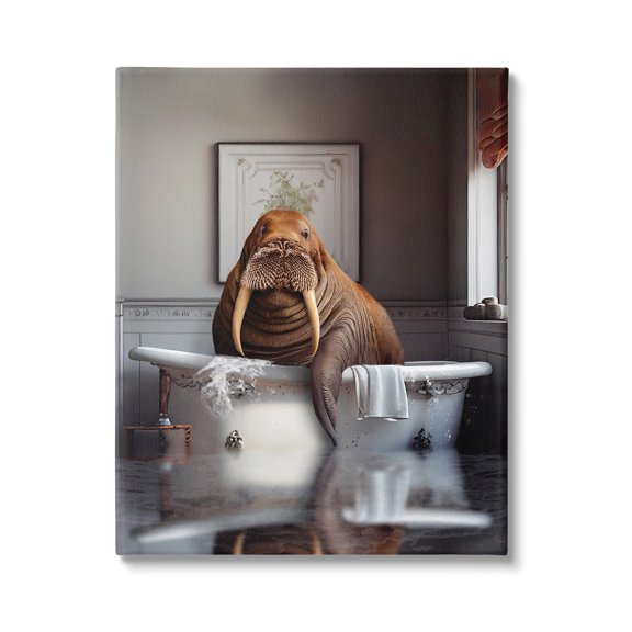 Stupell Industries Walrus in Bathtub Animals & Insects Painting Gallery Wrapped Canvas Print Wall Art, 16 x 20