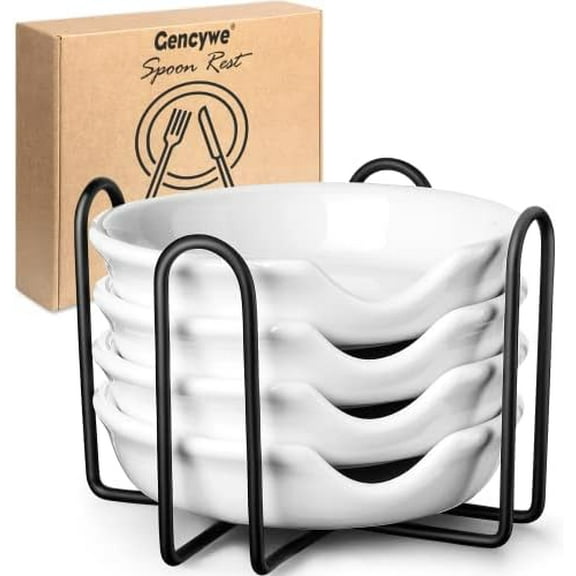 4 Pack Ceramic Spoon Rest with Metal Holder, 4.8 inch Spoon Holder for Kitchen, for Stove Top, Coffee Spoons, Ladles, Tong, Cooking Utensil Rest, Housewarming Gifts$$Home Decor, Kitchen, & Other