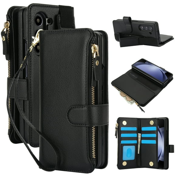 Dteck Zipper Wallet Case for Samsung Galaxy Z Fold 6,Magnetic Leather Card Slot Cash Pocket Case with Pen Holder Shockproof Hand Strap Heavy Duty Cover for Galaxy Z Fold 6,Black