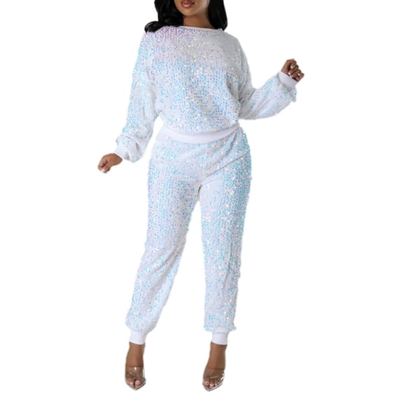 HXWCHs Women's Autumn Winter Sequin Knit Tracksuit Set Fashionable Casual Wear Two Piece Outfit with Straight Leg Pants White L