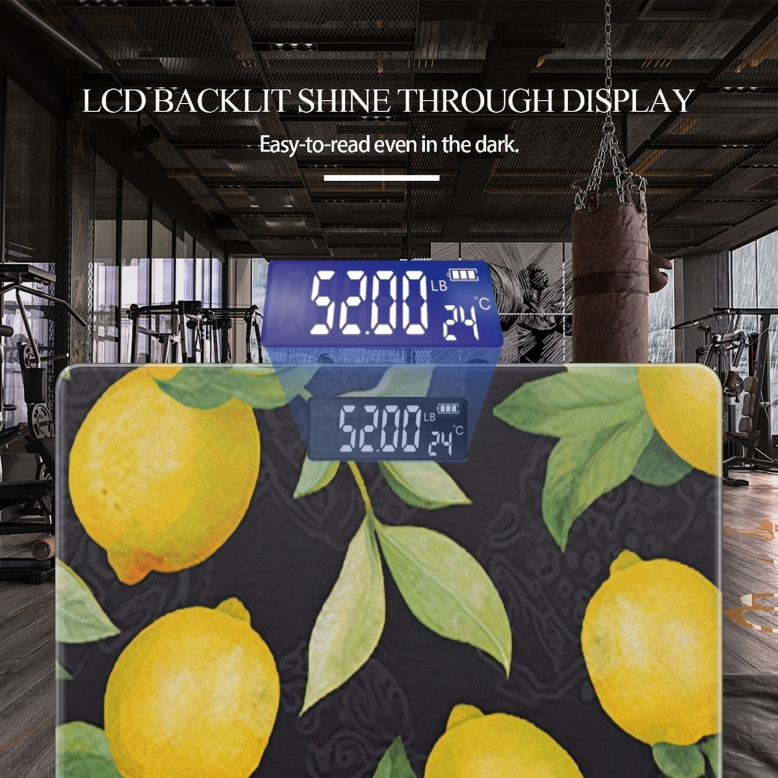 Bathroom Scale, Highly Accurate Digital Body Scale,Precisely Measures Weight up to 400 lbs-Lemons And Leaves Pattern On Black Background