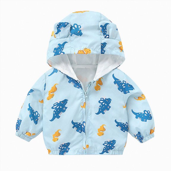WUANDIXFA Toddler Baby Boys Cartoon Dinosaur Hooded Jacket 6 12 18 24 Months 3T 4T Long Sleeve Windproof Coats Zip Up Outerwear,Blue,18-24 Months