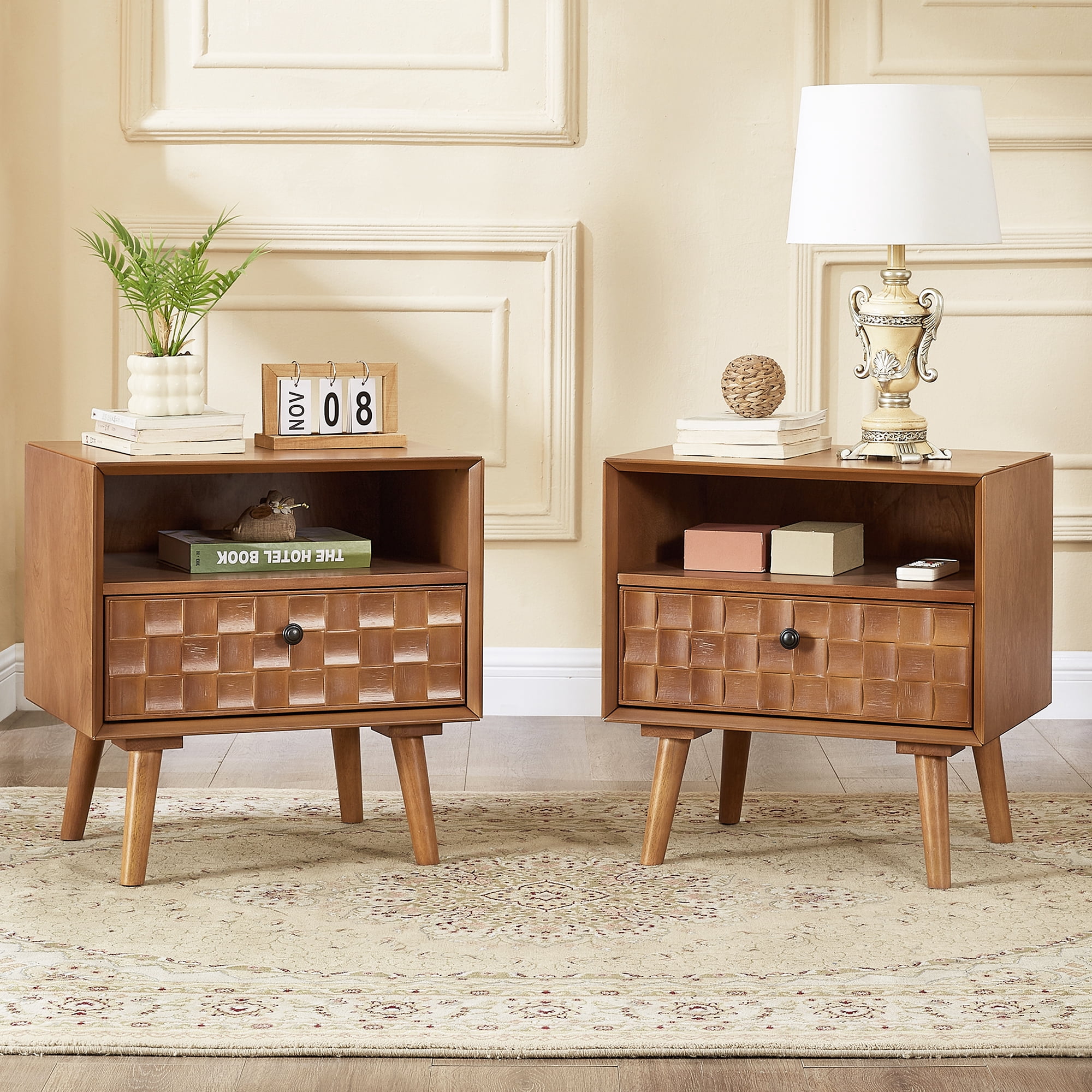 22" Wood Nightstand with Carved Geometric Drawer Front, 1 Drawer and Open Shelf, Solid Wood Legs, Bedside Table for Bedroom