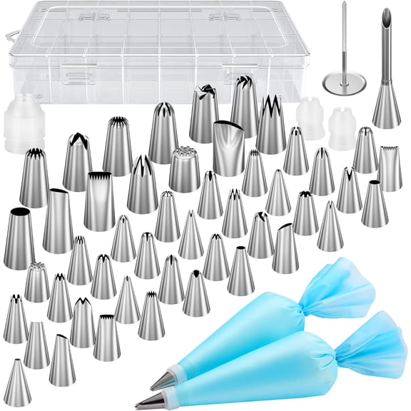 54Pcs Piping Bags and Tips Set with 13 Large Size Piping Tips, 35 Standard Size Icing Tips, 2 Reusable Pastry Bags 12 Inch, Cake Decorating Kit Supplies, Frosting Piping Kit for Cake, Cupcake