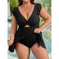 thumbnail image 4 of Asoul Womens Plus Size Swimsuit Tummy Control One Piece Ribbed Swimdress Ruffle V Neck Cutout Bathing Suit with Skirt, 4 of 7