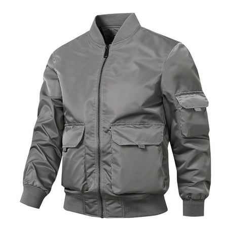 QQAMB Men Coat Outwear Zipper Solid Color Long Sleeve Crewneck Windproof Winter Coat for Men with Pockets Gray 3XL