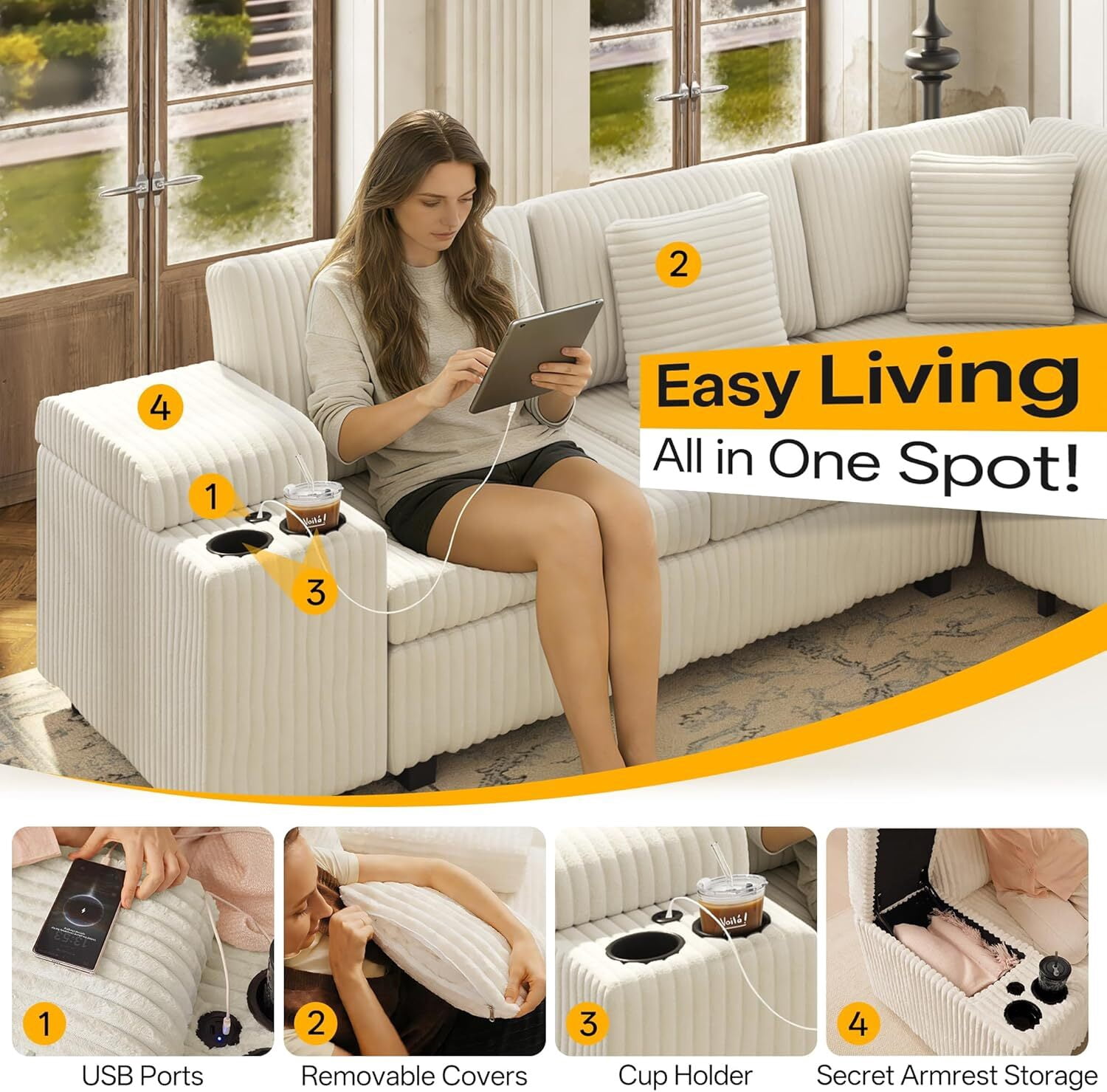 Sectional Sleeper Sofa with Pull Out Bed,110" L-Shaped Modular 6-Seater Cloud Sectional Couch,Convertible Corduroy Sofa for Living Room,Ottoman with USB Charging Ports & Cup Holders,Beige
