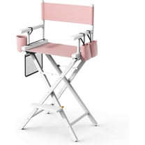 OmySalon Director's Chair 31" Height Folding Portable w/Storage Pouch & Footrest, Makeup Artist Chair for Salon, Events, Mobile, 250lb Capacity, Solid Wood Frame & Pink Striped Canvas Seat