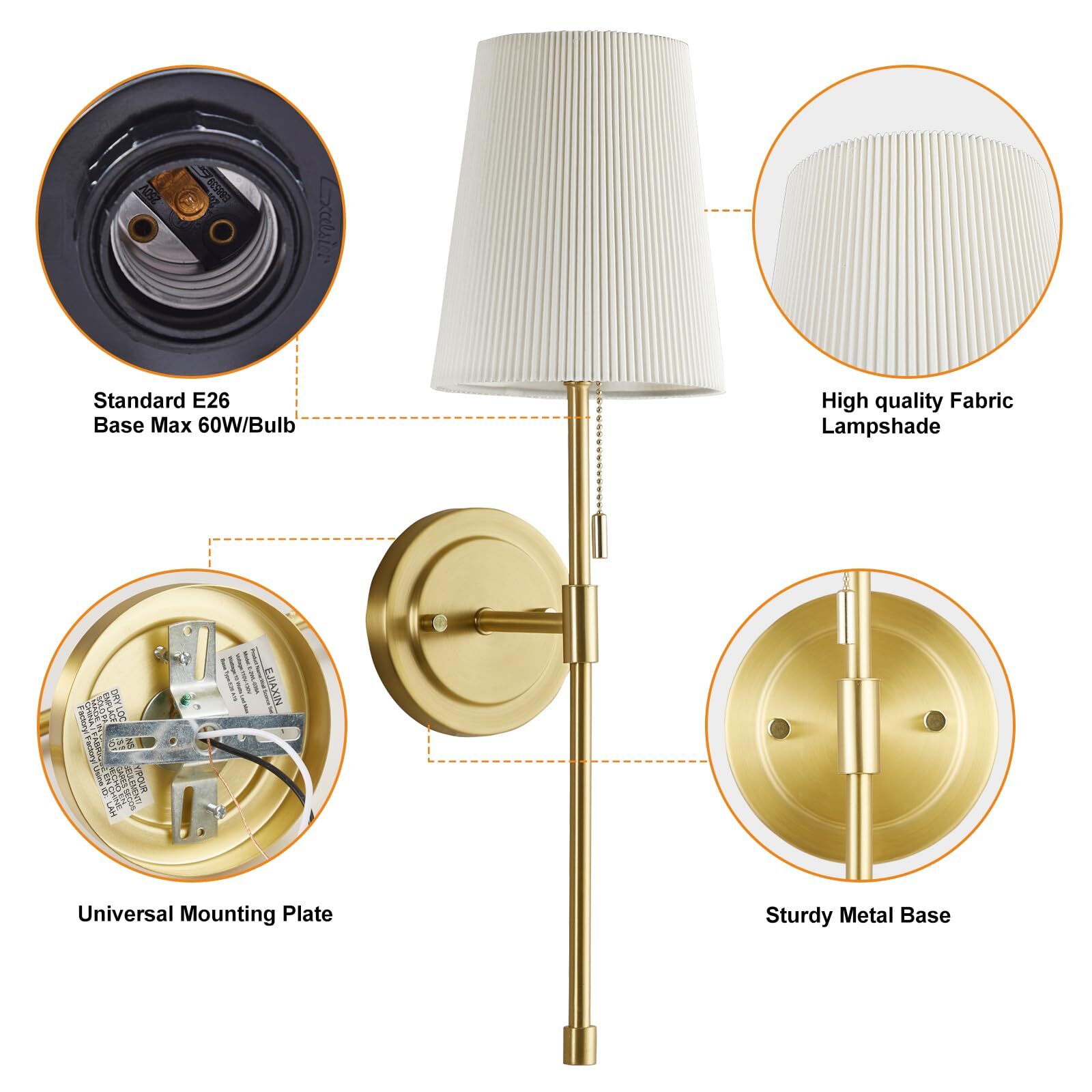 NATYSWAN Wall Sconces Sets of 2, Retro Industrial Wall Lamps with Pull Chain, Bathroom Vanity Sconces Wall Lighting with White Fabric Shade