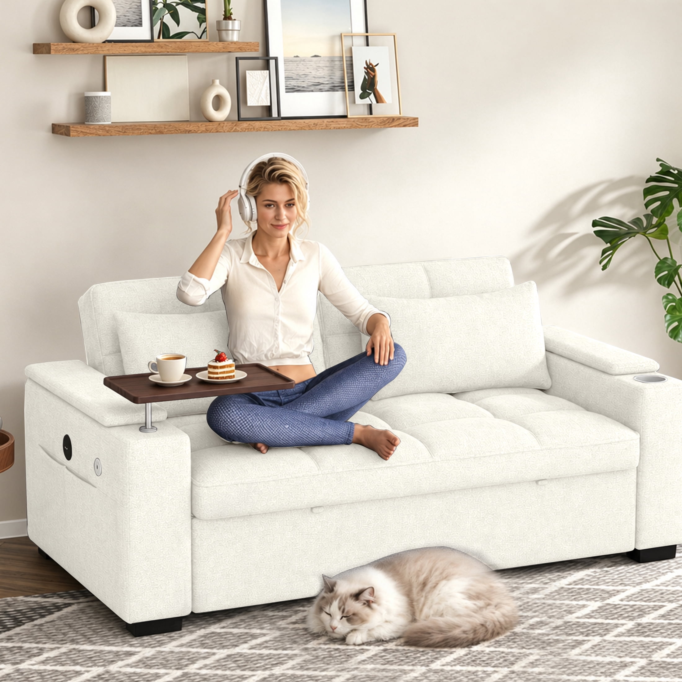 ShiKeyi 68.5'' 3-in-1 Velvet Convertible Sleeper Sofa, Pull Out Sofa Bed with Storage & Charging Port, Beige
