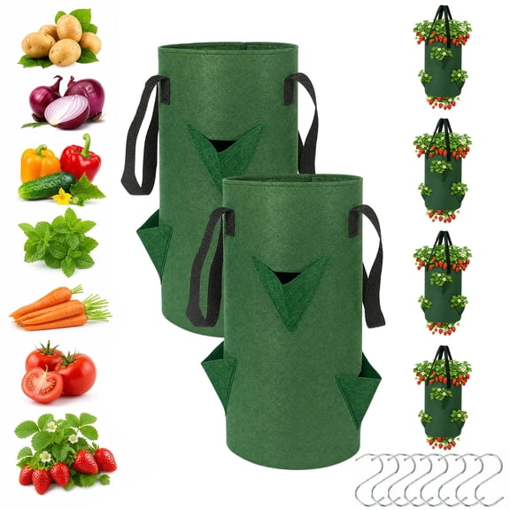 6 Pack Hanging Strawberry Planter Bags, 3 Gallon Vertical Grow Bags with 6 Pockets, Felt Cloth Garden Grow Bags for Strawberries, Tomatoes, Vegetables, Dark Green