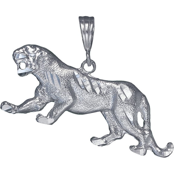 Sterling Silver Panther Charm Pendant Necklace with Diamond Cut Finish and 24 Inch Figaro Chain