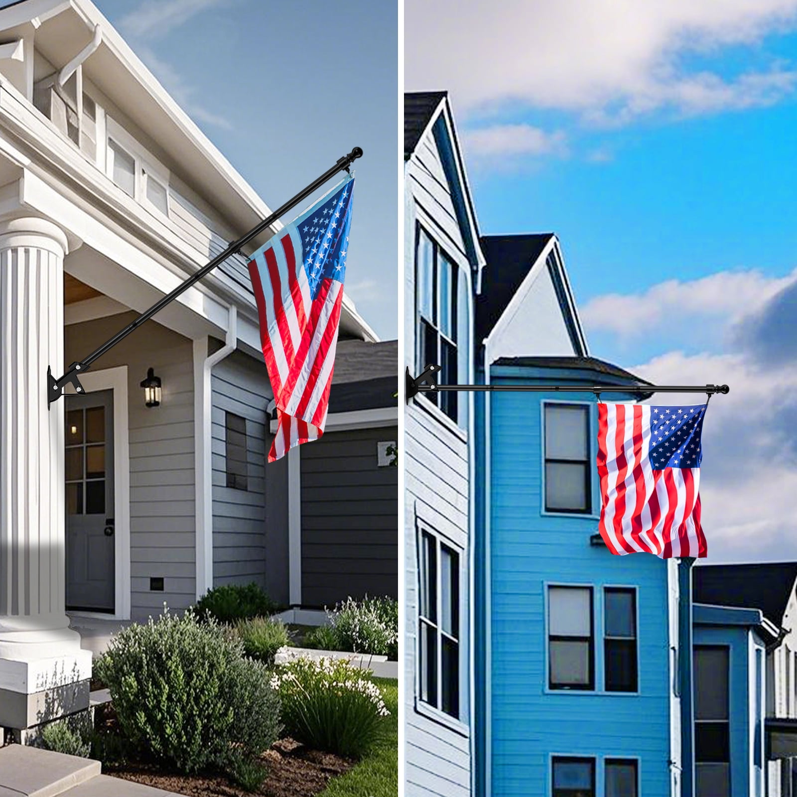 FIASON 1 Pack Black 5FT Wall-Mount Flag Pole with Solar Light for Outside House, Stainless Steel Tangle Free Flag Pole Kit with Bracket,Residential or Commerical for American Flag