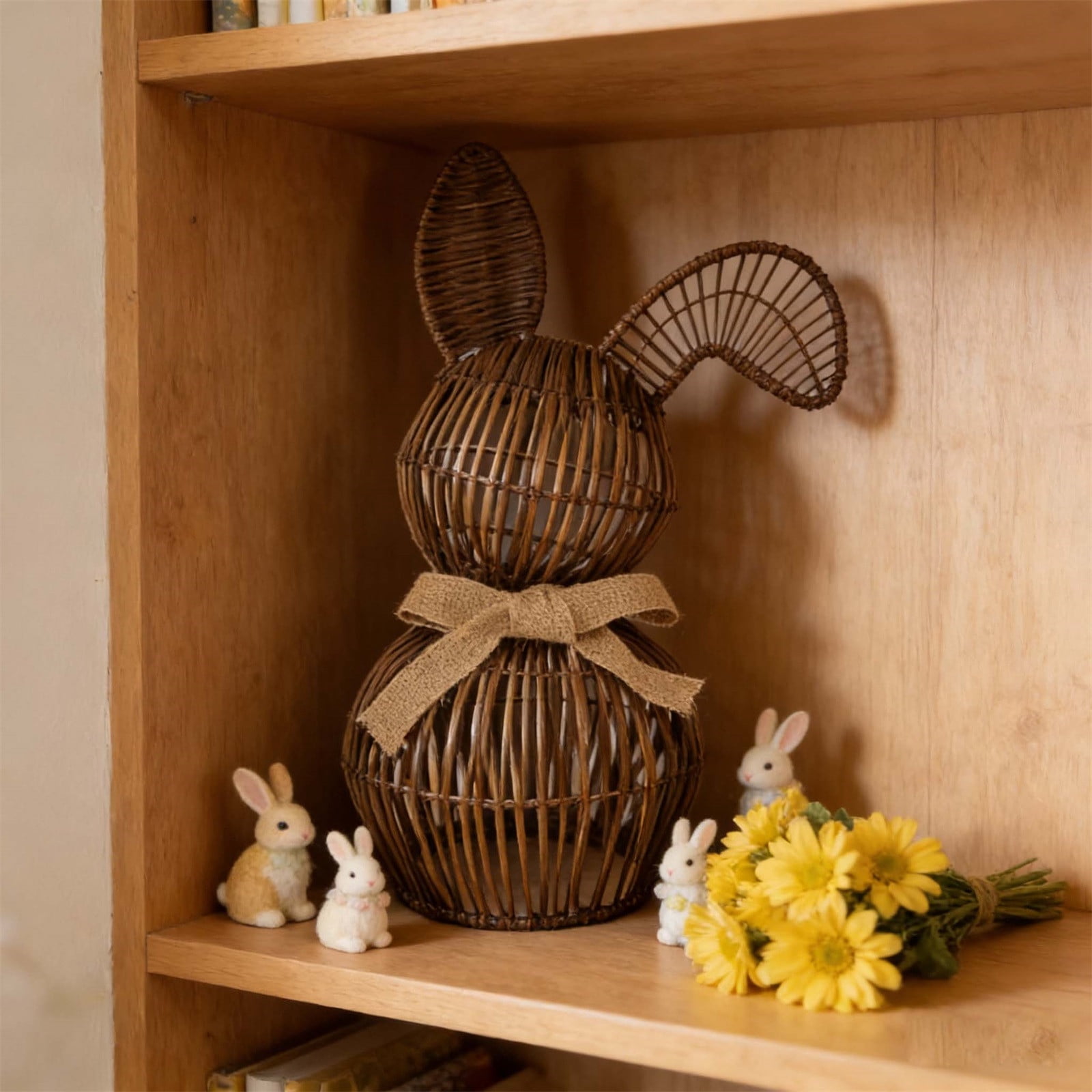 Easter Decorations Handmade Wooden Bunny, Natural Rattan Hand-Woven Easter Basket for Egg Hunt, Rustic Spring Table Centerpiece for Home, 1 Count