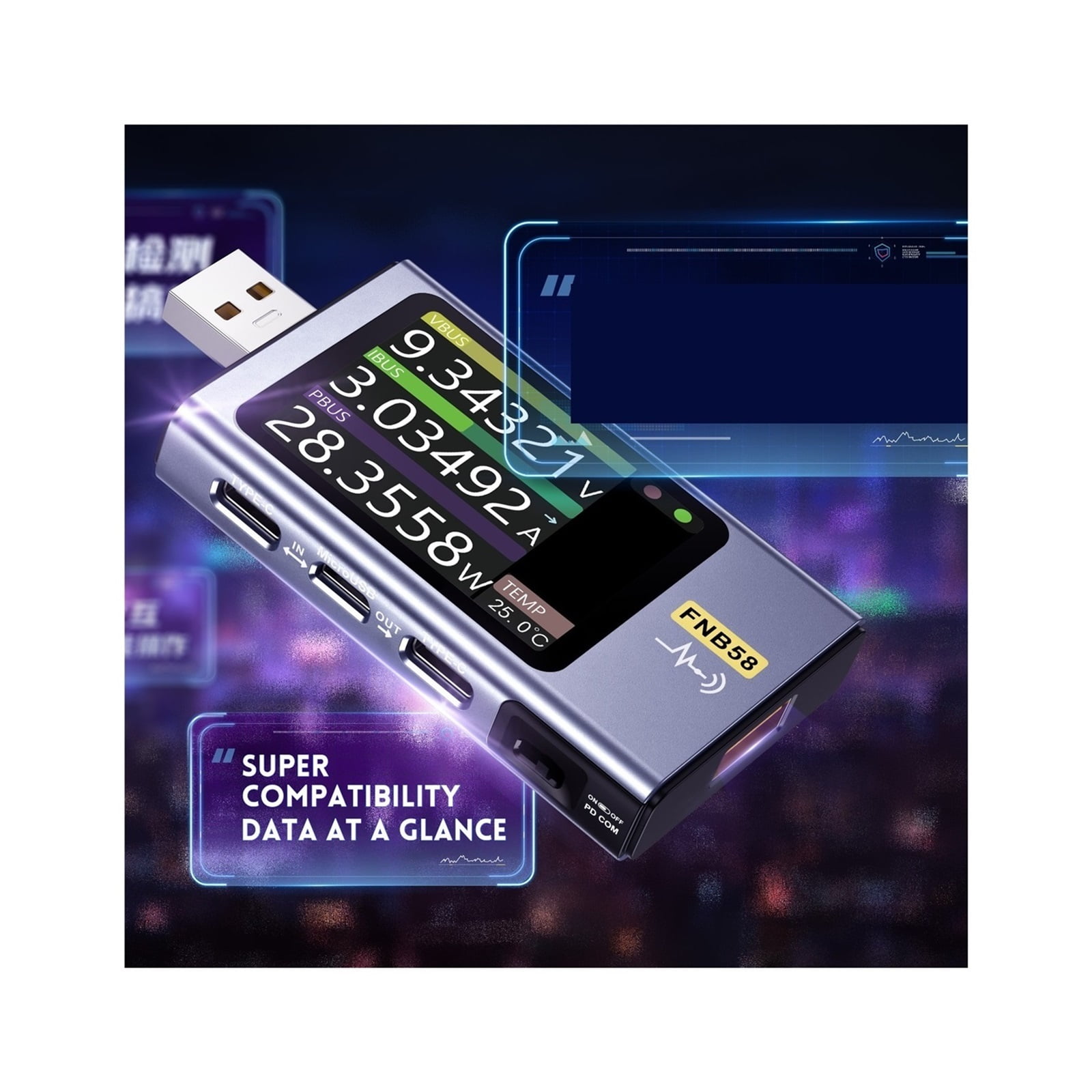 FNB58 USB Tester Voltmeter Ammeter TYPE-C Fast Charge Detection Trigger Capacity Measurement Ripple Measurement ,Live Data