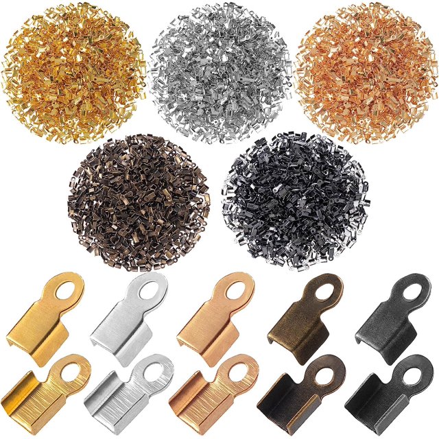 PinesC 2000PCS Cord End Caps for Jewelry Making, 3x6mm Foldable Cord Ends, Crimp End Tips with Loop for Leather, Rope, Ribbon, Crafts (Silver, Imitation Gold, KC Gold, Ancient, Black)