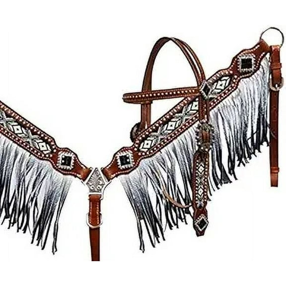 Western Headstall Breast Collar Reins & Wither Straps Tack Set Cowhide Leather Handmade Beaded Tooled Carved Horse Saddle Riding Tooling Carving Equestrian Size Full