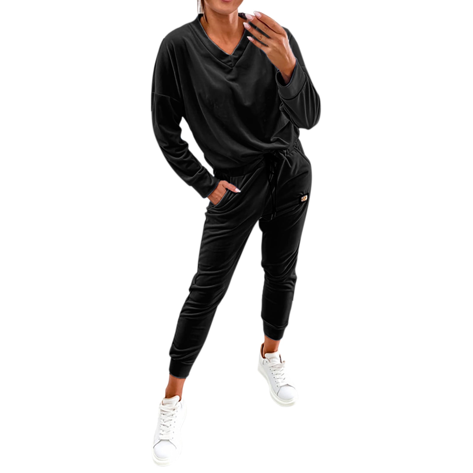 TOWED22 Womens Sets 2 Piece Outfits,Women's Casual 2 Piece Tracksuit Outfit  Ribbed Crop Top Jogger Pants Matching Sets Sweatsuit(Black,XL) 