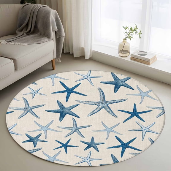 Navy Blue Starfish Round Area Rug 3.3Ft Washable Circle Rugs for Dining Room Table, Coastal Summer Beach Ocean Rustic Non-Slip Carpet Floor Mats Indoor Outdoor Carpet Runner Aesthetic Home Decor