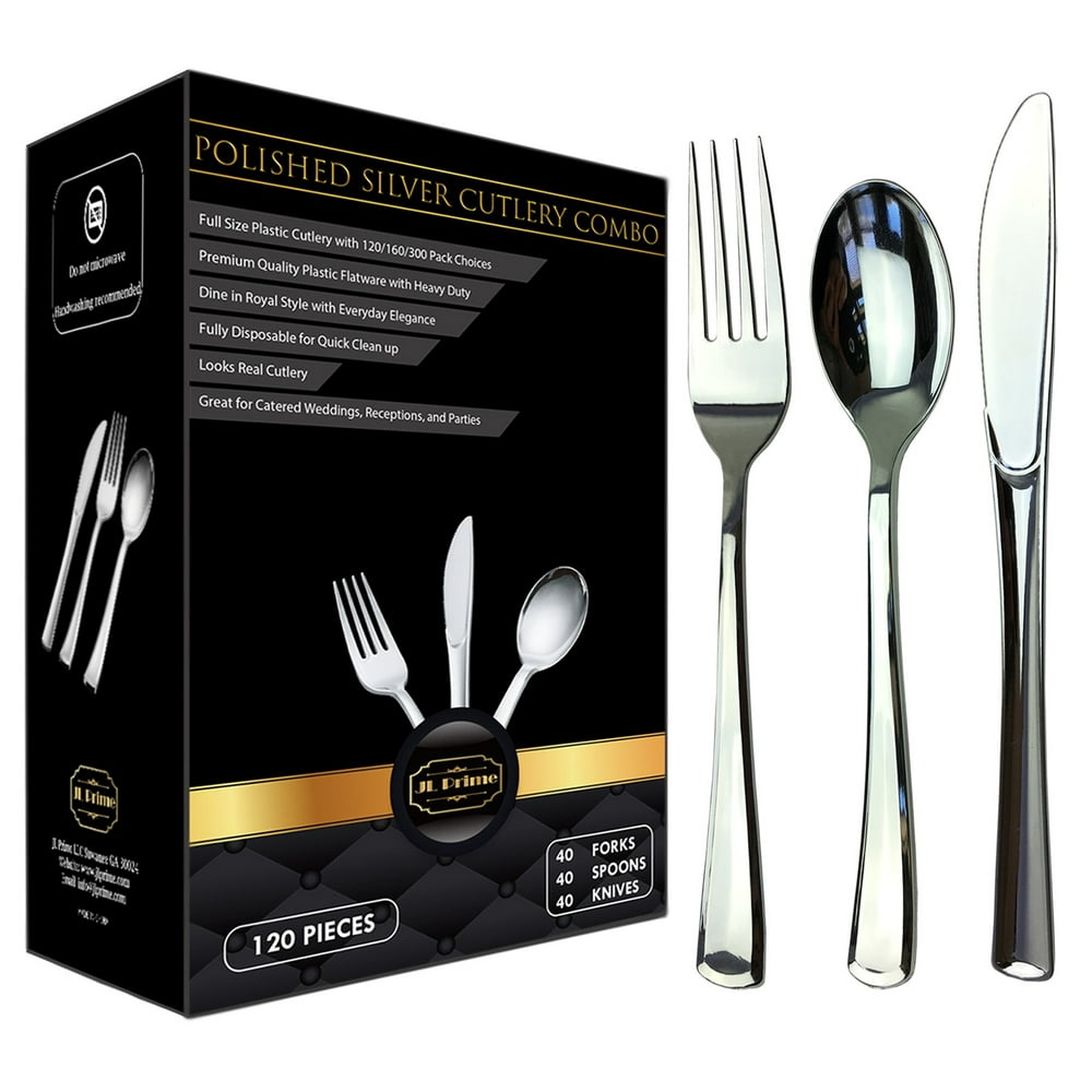 JL Prime 120 Silver Plastic Silverware Set, Silver Plastic Cutlery Set ...