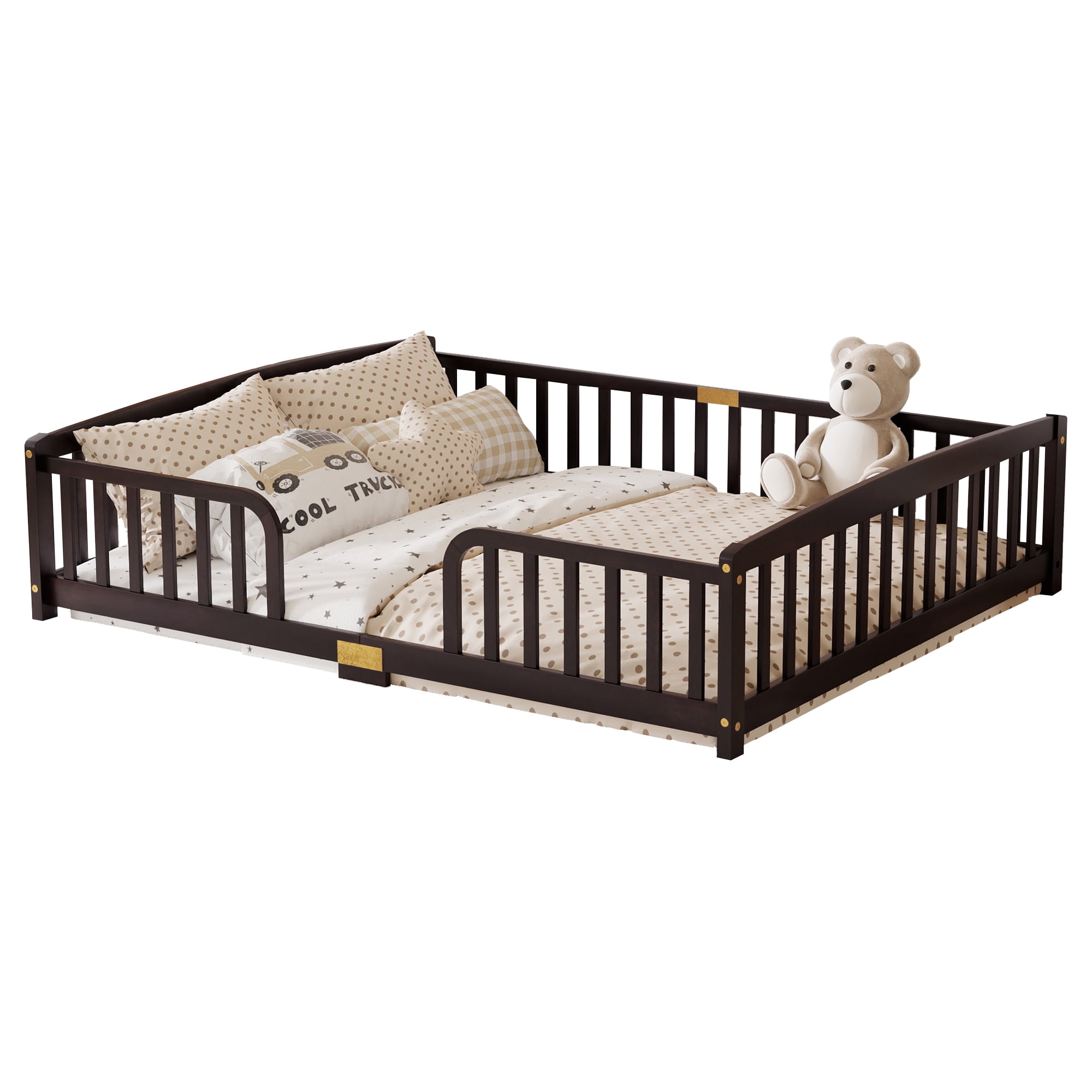 Leumius Queen Size Floor Fence Bed with Central Entrance,Pine Wood Floor bed with Guardrails,Espresso