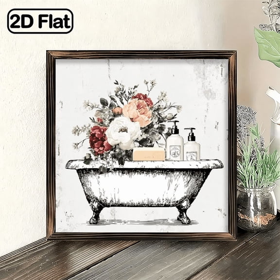 1Pc Wood Frame Sign Flower Bathtub Bathroom Wall Art Paintings Ideal Gift For Living Room Bedroom Farmhouse Corridor Wall Decor Room Decoration Ready to Hang 8x8inch