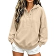 thumbnail image 3 of Feancey Fashion Pullover Hoodies for Women Quarter Button Henley Neck Hooded Sweatshirts Oversized Fleece Lined Drawstring Hoodie Casual Fall Tops with Pocket Beige L, 3 of 9