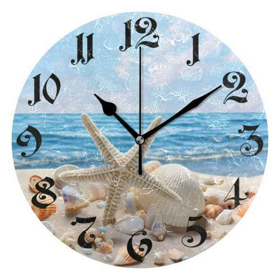 Silent Wall Clock Seastar and Shells on Beach 10" Non-Ticking Battery Clock Rustic Retro Home Decorative for Living Room Kitchen Bathroom