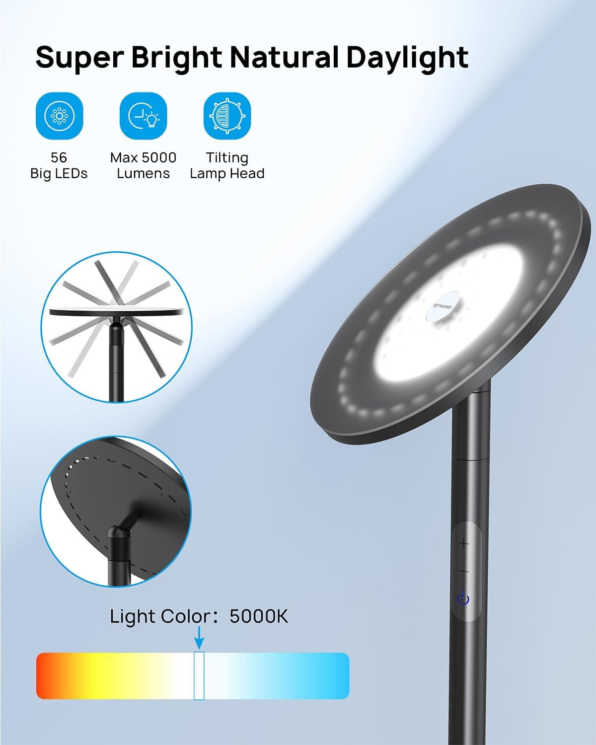 TROND LED Torchiere Floor Lamp, Dimmable 30W, 5500K Natural Daylight Max.5000lm, 71-inch Tall Standing Light, 30-Minute Timer, Black
