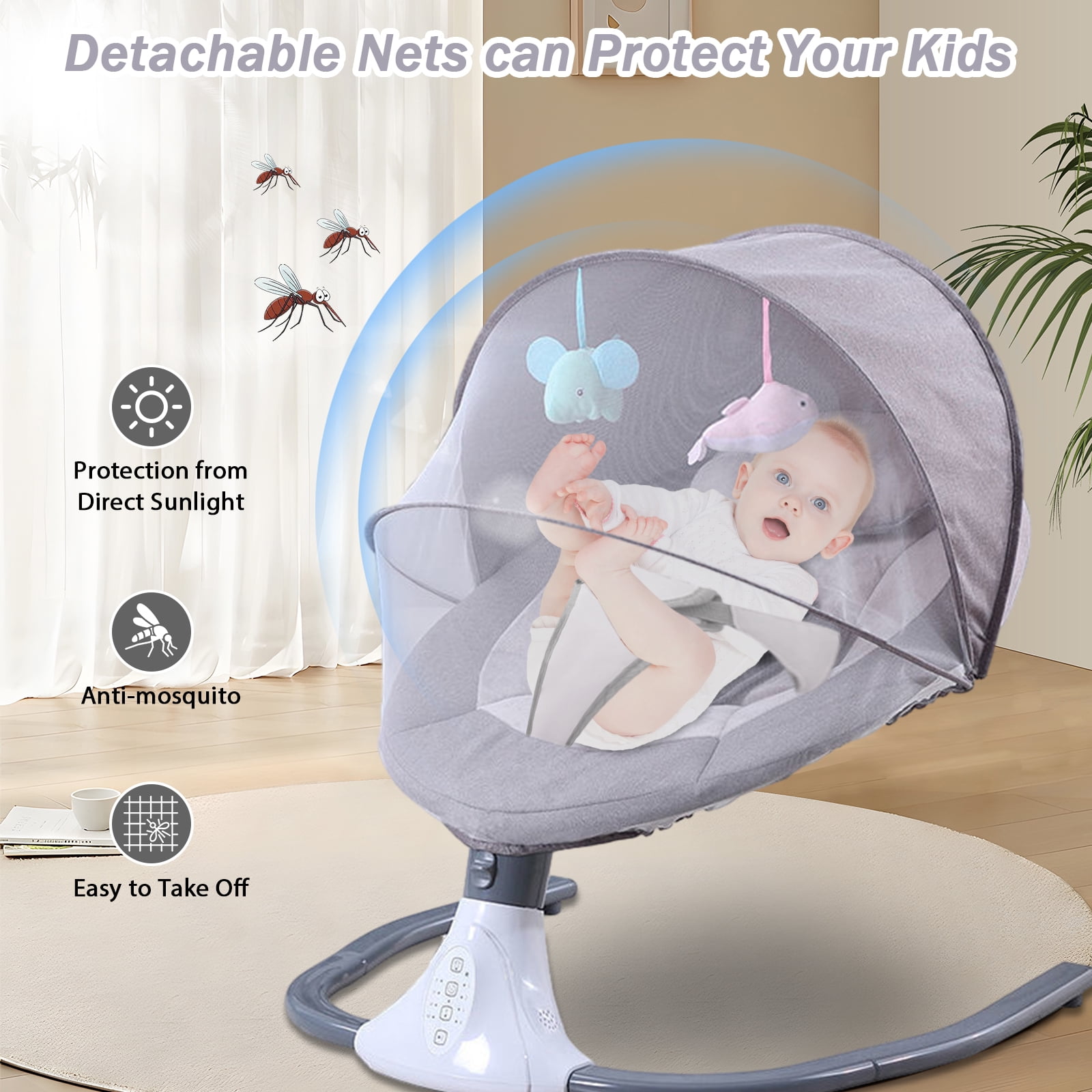 Electric Baby Swing for Infants - Bluetooth Music Speaker with 12 Lullabies and 4 Speeds, Remote Control, Gray
