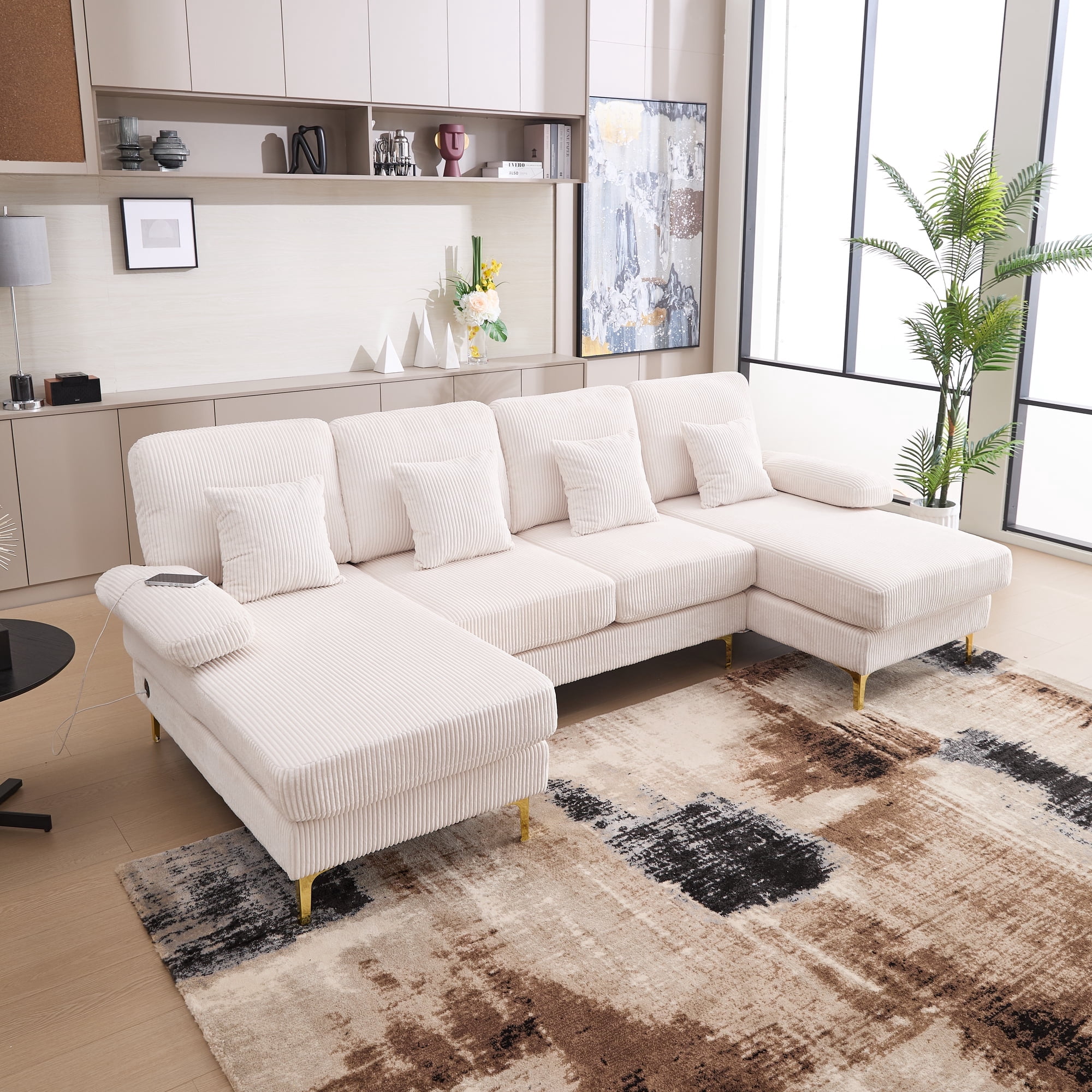 Homefun U-Shaped Corduroy Sectional Sofa 4-Seat with 2 Chaise Large Couches with USB Intelligent Lighting