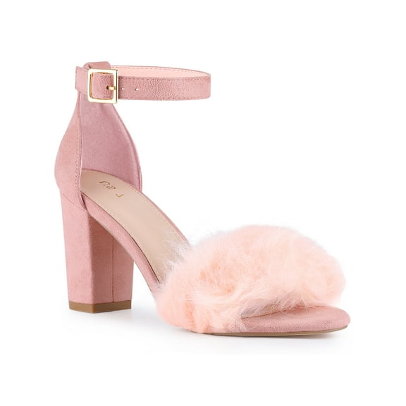 BLISSFUL STEP Ankle Strap Faux Fur Chunky Heel Sandals for Women Light Pink 9