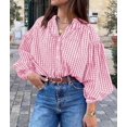 thumbnail image 3 of PRETTYGARDEN Women Fall Plaid Long Puff Sleeve Shirts V Neck Casual Blouses Gingham Button Down Oversized, Pleated Drop Shoulder Cotton Tops, Dressy Casual, Work Vacation Travel, Fall Outfits Trendy, 3 of 8