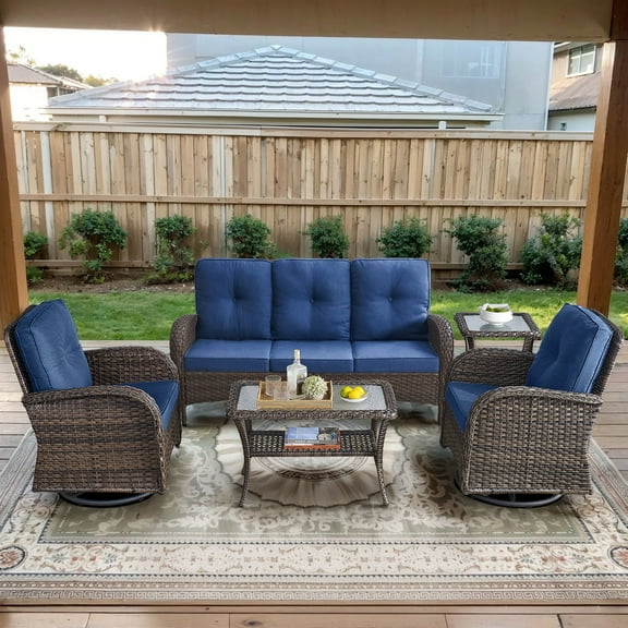 POCASSY 5 Pieces Patio Furniture Set, Wicker Patio Conversation Set with Swivel Rocking Patio Chairs, Outdoor Couch, Deep Seat Patio Set with Glass Top Coffee Table for Outside in Blue