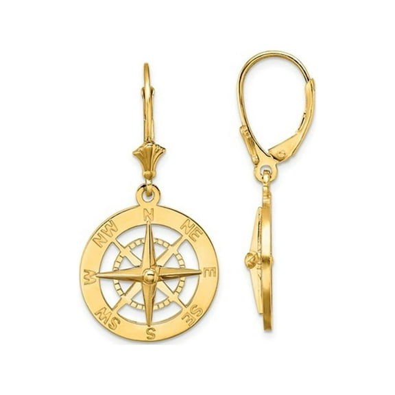 Gem & Harmony 14K Yellow Gold Nautical Compass Leverback Charm Earrings for Women