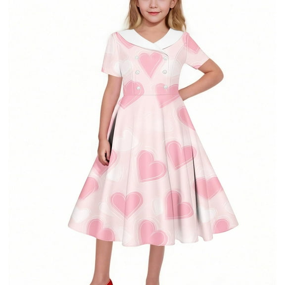 Girls' Dresses Short Sleeve Summer Vacation Dress Cute Graphic Turndown Collar A Line Dress Size 5-14