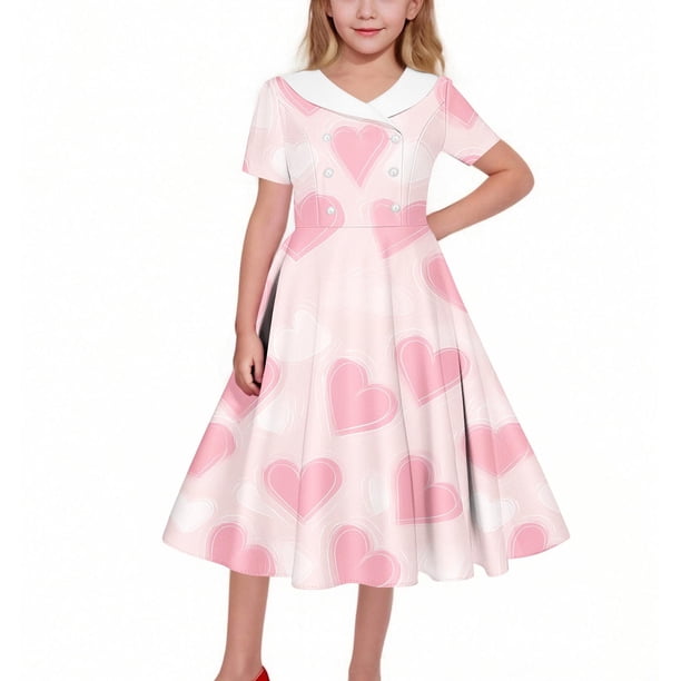 Vestido de manga corta con cuello vuelto para niñas Vestido elástico de manga corta para niñas Vestido skater con volantes de corte A Vestido de recital escolar Vestido de manga corta con cuello vuelt