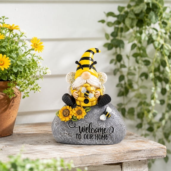 Honey Bee Garden Gnome Statue Decor, 7.3" H Resin Yellow Bumble Bee Sunflower Gnome Figurine, Spring Summer Outdoor Porch Patio Yard Lawn Flower Bed Home Decorations, Gifts For Garden Lovers