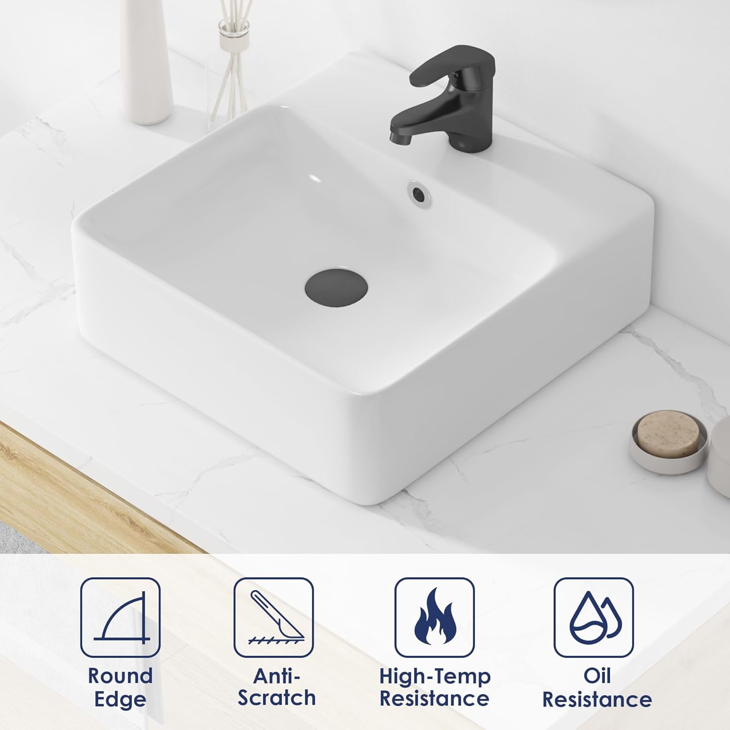 16" x 16" Bathroom Sink Vessel Rectangular, Eridanus Wall Mount Sinks Countertop Floating Basin with Overflow, White Ceramic Trough Wall Hung Space Saving Square Small Cloakroom Tiny Lavatory