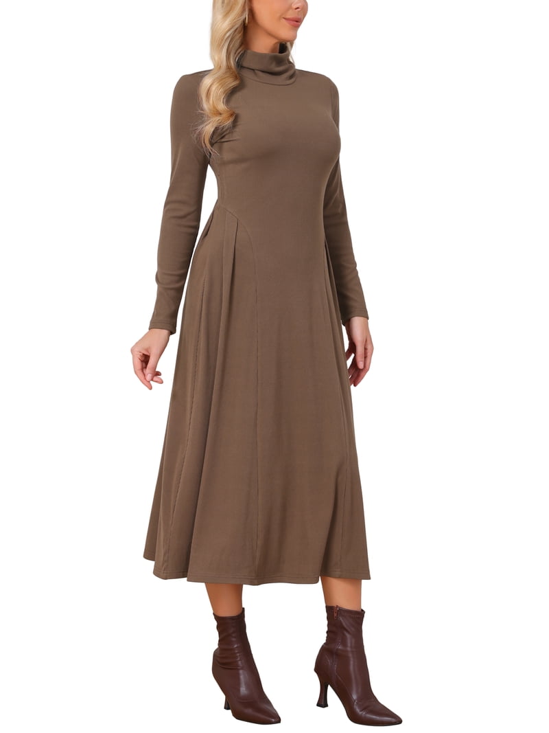 a line turtleneck dress INSPIRE CHIC Women's Sweater 2026 Long Sleeve Flare Ribbed Knit Maxi Dresses M Brown, Size: Medium, Black breathable