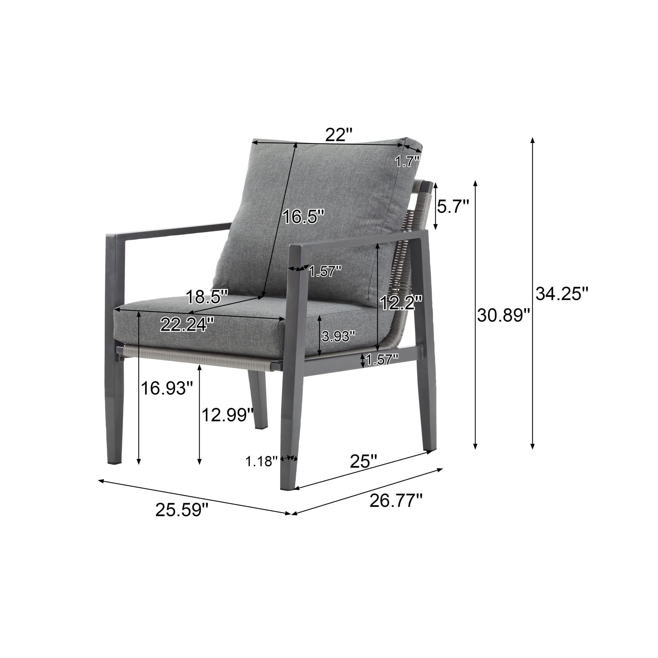 Hayes Modern Outdoor Patio Aluminum Rope Accent Lounge Chair with Cushions, Gray