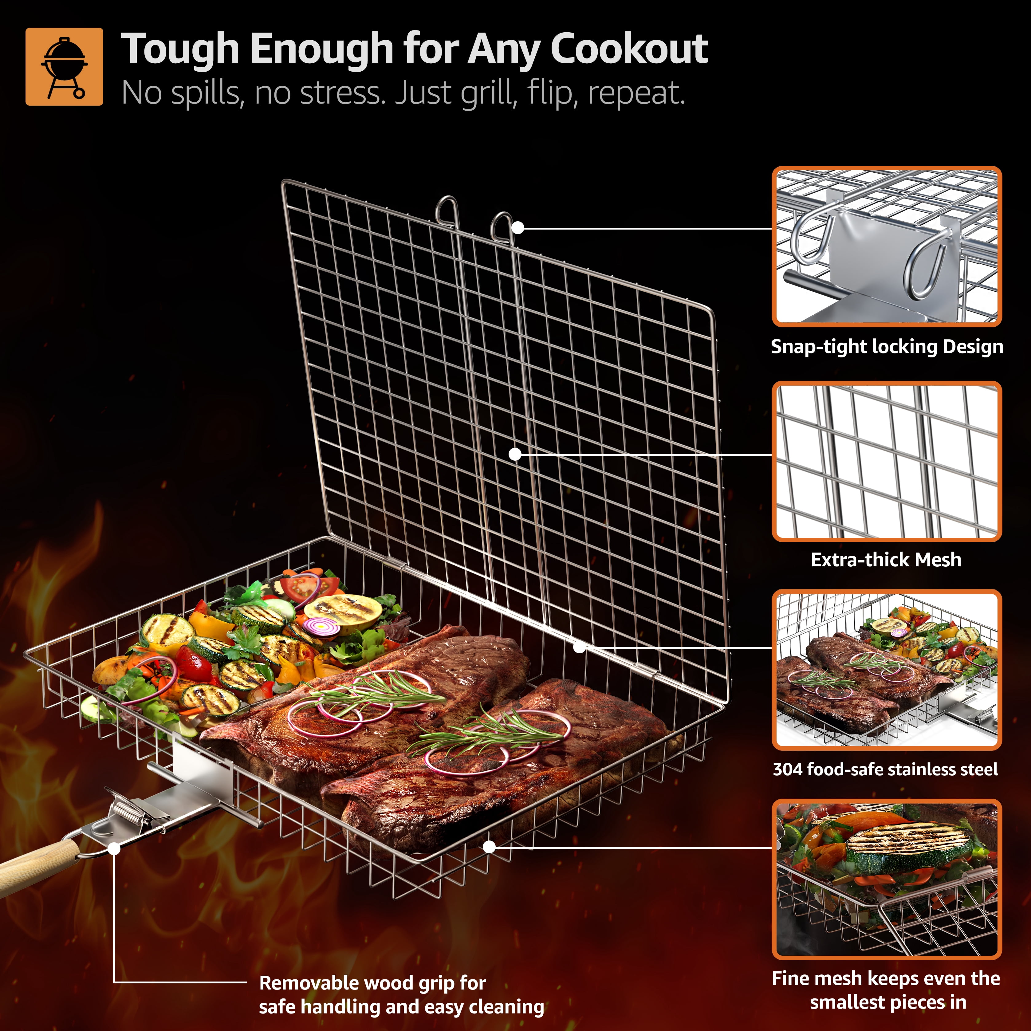 Sorbus Grill Basket 2-Pack Stainless Steel, Large Folding BBQ Baskets with Handles for Fish & Veggies