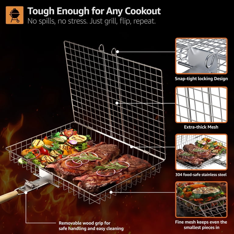 2-Pack Stainless Steel Rolling Grilling Baskets – 12-Inch BBQ Grill Basket For Vegetables, Fish – IMounTEK