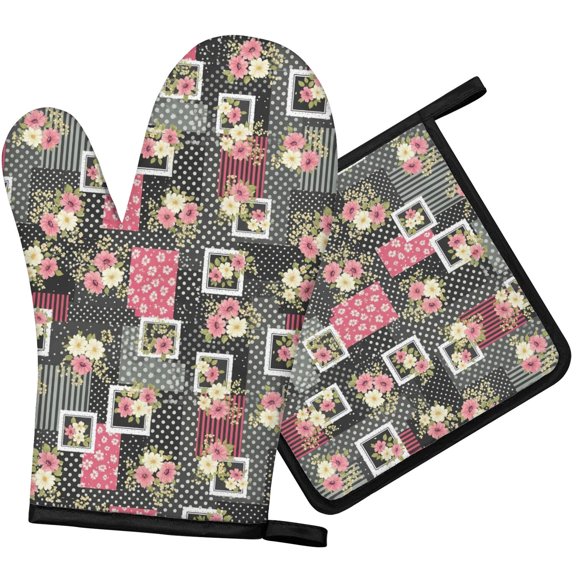 Pioneer Flower Floral Print Pattern 1-Pack Oven Mitts Set, Heat Resistant Kitchen Gloves, 7.7" X 12"