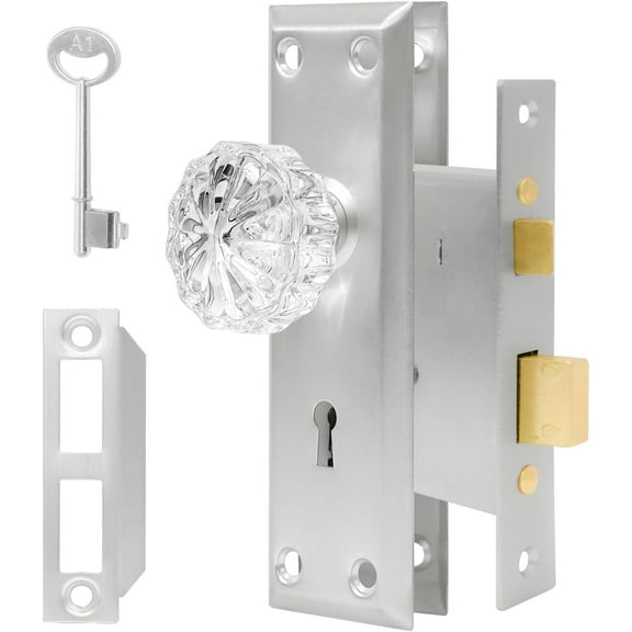 Mortise Lock Set for Interior Door - Vintage Crystal Glass Door Knobs with Skeleton Key & Brushed Nickel Finish
