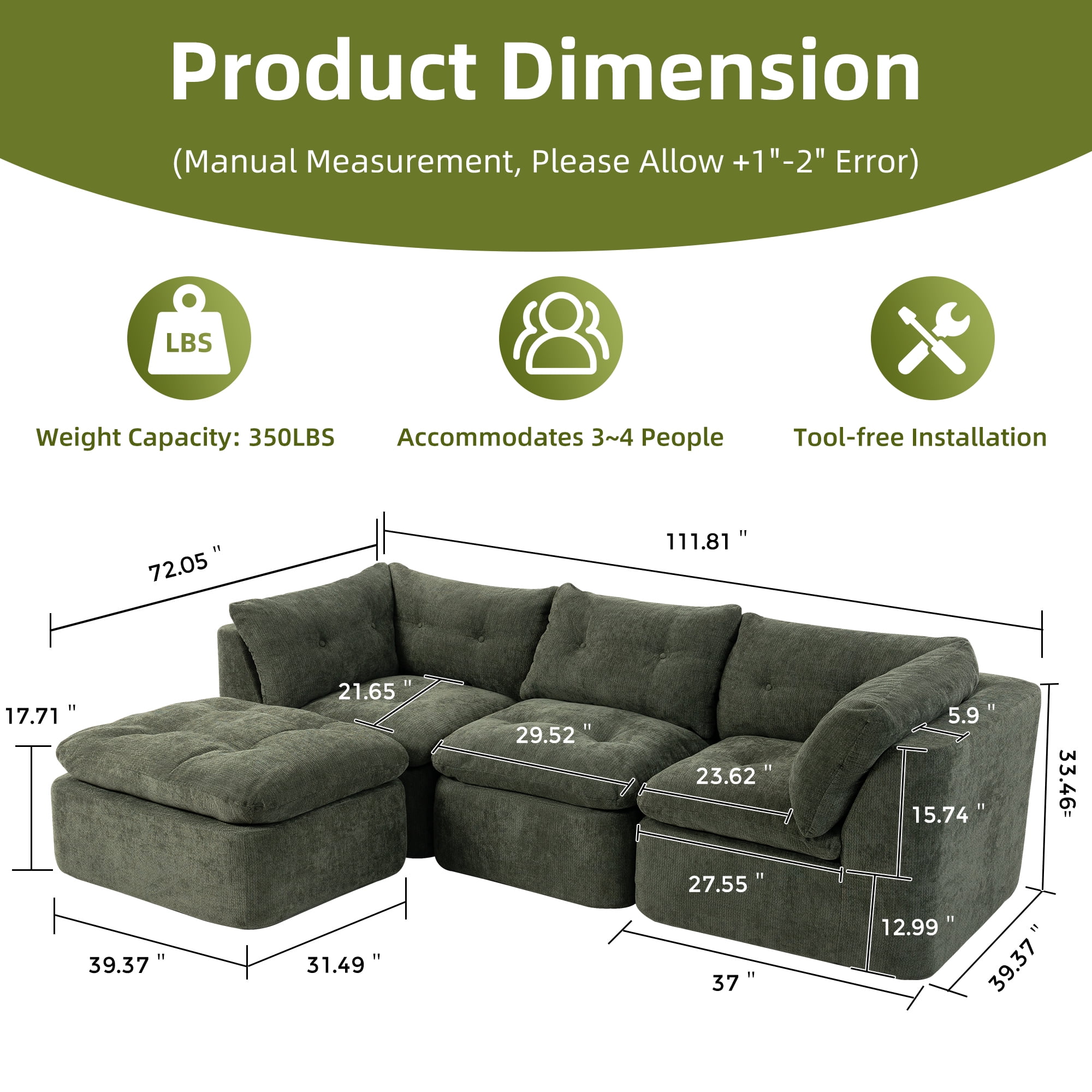 AISWORD Modular Sectional Sofa, Deep Seat Cloud Couch with Ottoman, 4-Seater Convertible L-Shaped Chenille Fabric Couch, Oversized Comfortable Frame-Free Set for Living Room, No Assembly, Green
